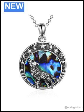 Sterling Silver Wolf Moon Pendant Necklace 18+2in Rolo Chain